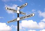 Street sign showing directional signs for support, help, advice, guidance, assitance